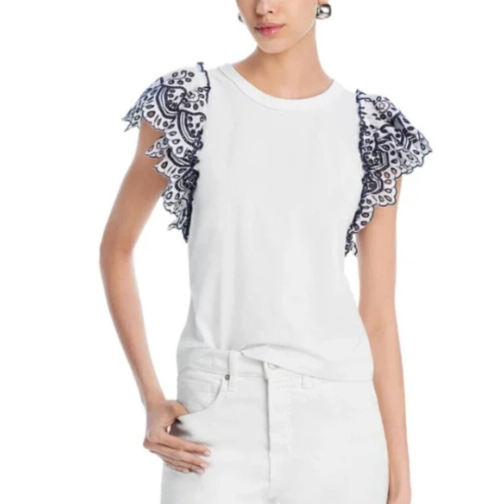 Veronica Beard Womens Size Large Julianka Flutter Sleeve Shirt White Navy Eyelet